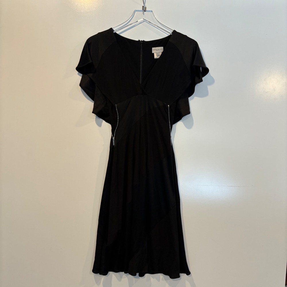 KAREN MILLEN Black Flutter Sleeve Zipper Detail Midi Dress Womens Size  2